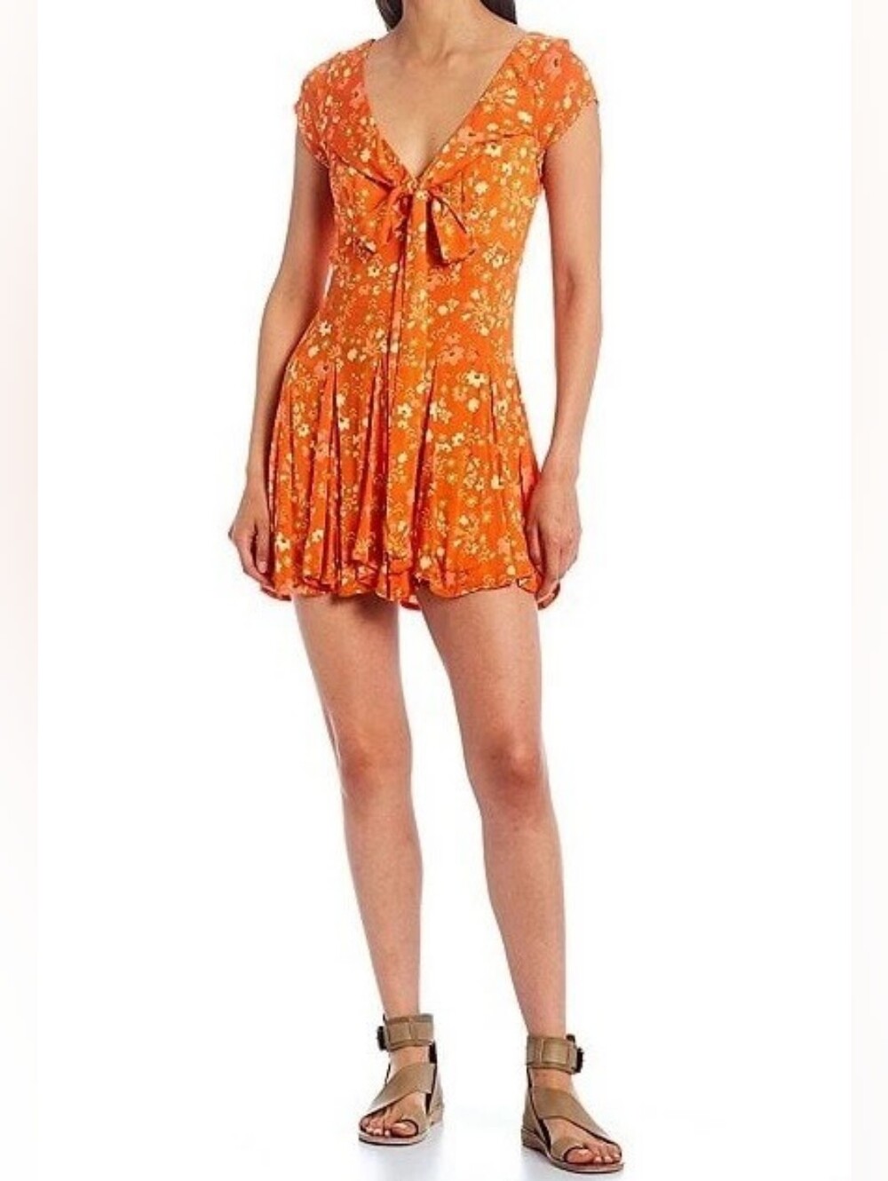 NWT Free People It Takes Two  Mini Dress Orange Peach V-Neck Open Back S
